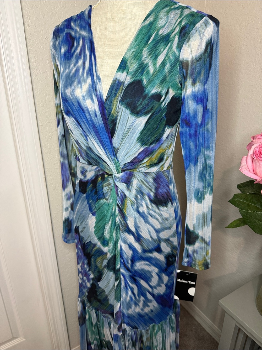 Maison Tara Blue and Green Floral Twist Maxi Dress